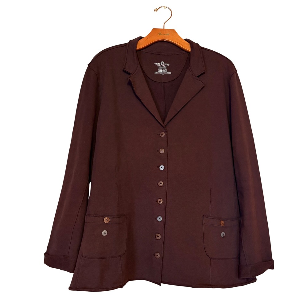 White Lotus Lifestyle Brown Cotton Spandex Knit Button Front Blazer Jacket XL